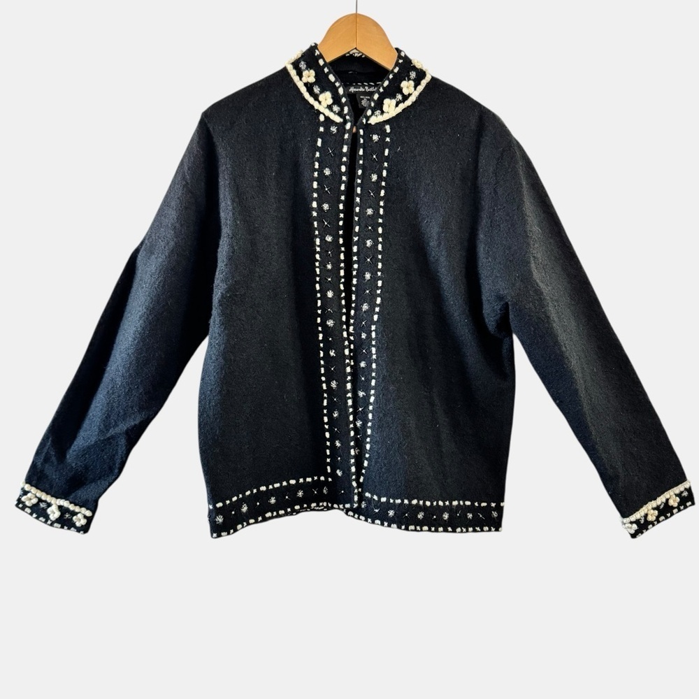 Alexandra Bartlett Black Wool Embroidered Jacket Cardigan XL Boho Artisan - Picture 2 of 13